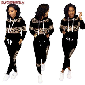 Women Fall Winter Leopard Pathwork Hooded Long Sleeve Sweatshirts Hoodies Warm Pants Two Pieces Sets Tracksuits Outfits 2019