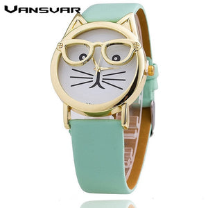 Vansvar Hot Sale Glasses Cat Watch Fashion Leather Strap Wrist Watch Women Quartz Watches Reloj Mujer Relogio Feminino 1597