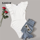 SHEIN Ruffle Armhole Solid Bodysuit White Solid Summer Sleeveless Round Neck Women Clothes 2019 Sexy Skinny Bodysuit