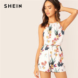 SHEIN Elastic Waist Floral Print Halter Romper 2019 Casual White Short Summer Sleeveless Tank Mid Waist Straight Leg Playsuit